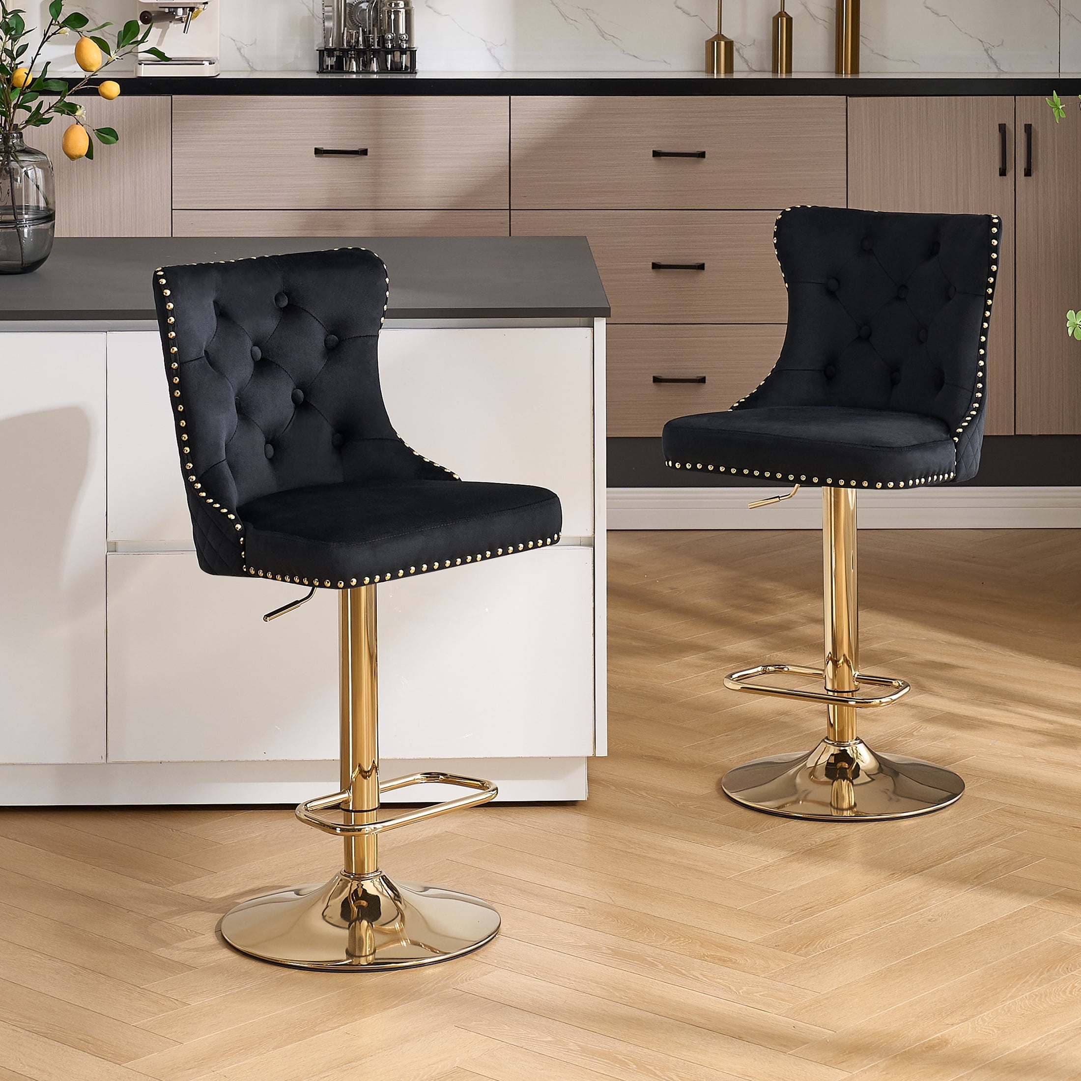 Velvet Gold Bar Stools Set of 2 Modern Counter Height Bar Stools with Lion Pull Ring Tufted Back, Nailhead Upholstered Barstools for Home Kitchen Island, Swivel Adjustable Stool Chair in Black