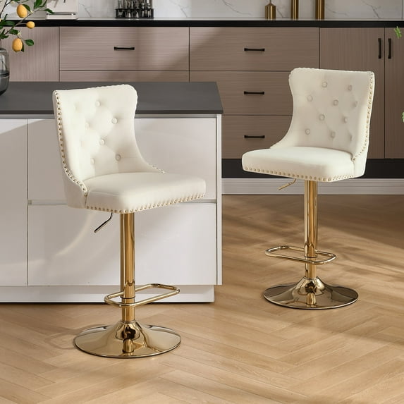 Velvet Gold Bar Stools Set of 2 Modern Counter Height Bar Stools with Lion Pull Ring Tufted Back, Nailhead Upholstered Barstools for Home Kitchen Island, Swivel Adjustable Stool Chair in Cream