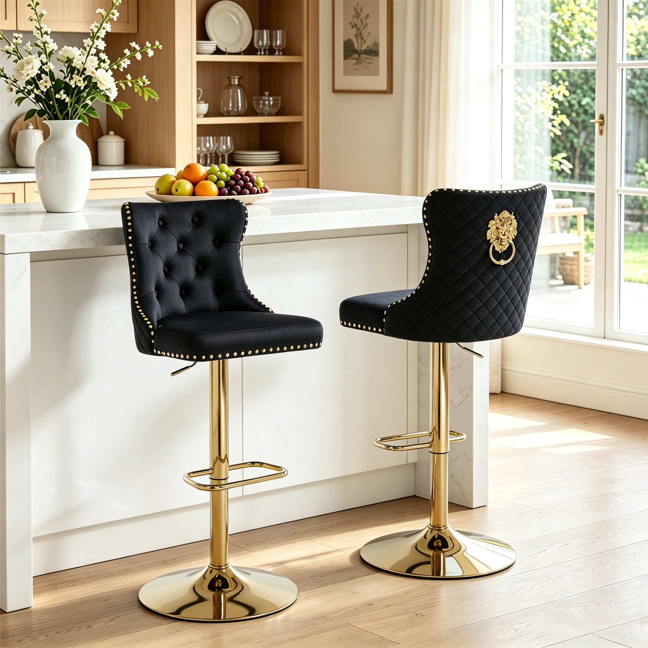 Euzensid Velvet Counter Height Bar Stools Set of 2, Modern Adjustable Swivel Barstools with Gold Lion Head Back, Bar Chairs for Kitchen Island, Black