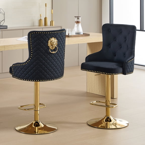 Euzensid Velvet Counter Height Bar Stools Set of 2, Modern Adjustable Swivel Barstools with Lionhead Back for Kitchen Island Upholstered Gold Base Stool Chairs, Black