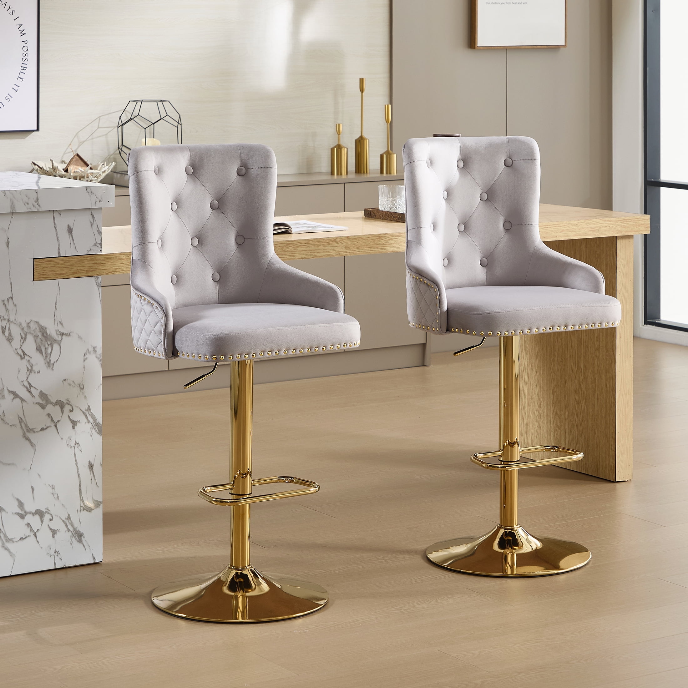 Velvet Gold Bar Stools Set of 2 Modern Counter Height Bar Stools with Lion Pull Ring Tufted High Back, Nailhead Upholstered Barstools for Home Kitchen Island, Swivel Adjustable Stool Chair in Grey