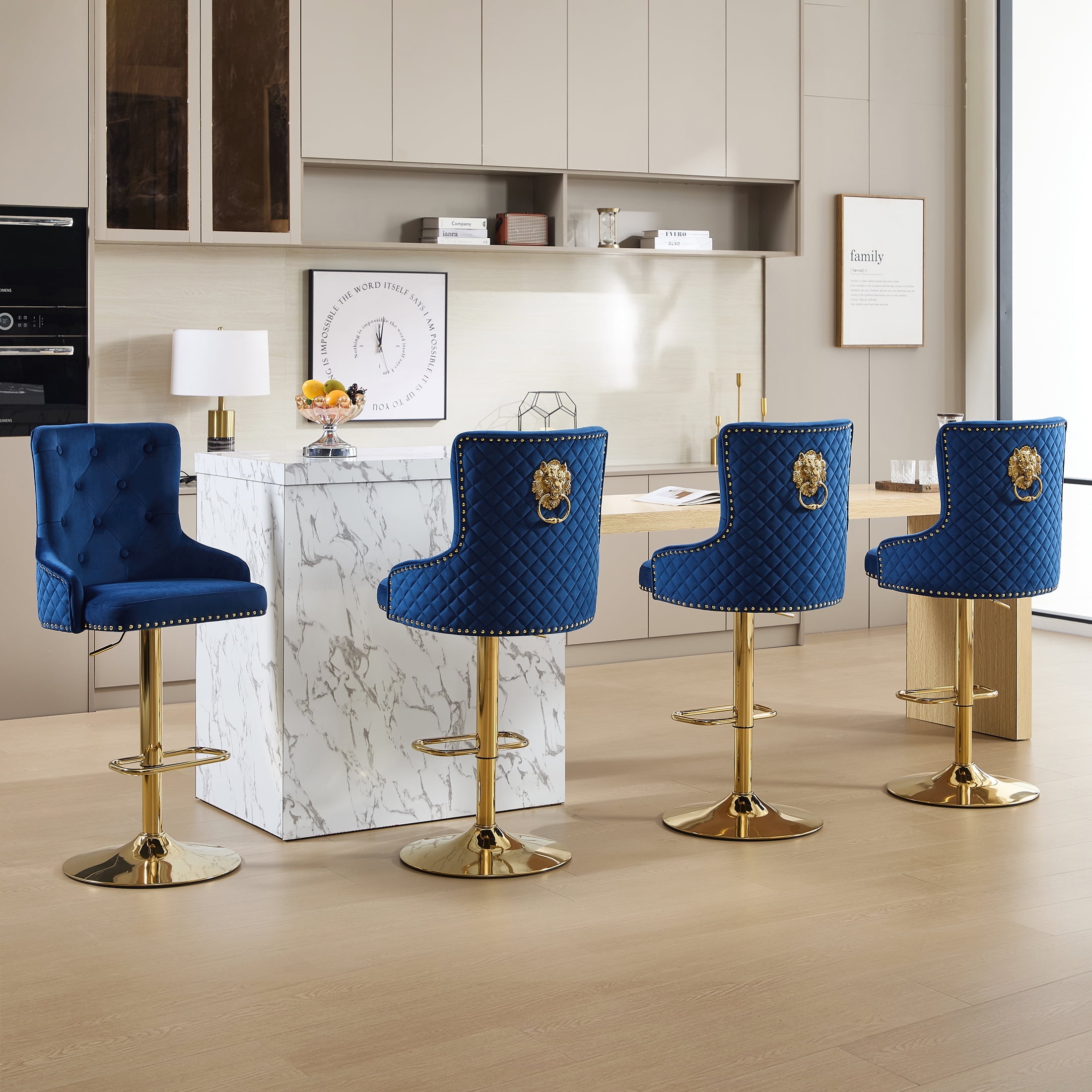 Velvet Gold Bar Stools Set of 4 Modern Counter Height Bar Stools with Lion Pull Ring Tufted Back, Nailhead Upholstered Barstools for Home Kitchen Island, Swivel Adjustable Stool Chair in Dark Blue