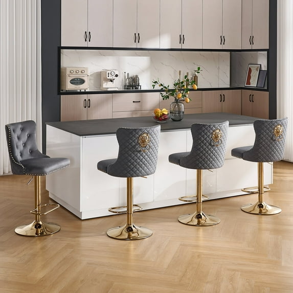 Velvet Gold Bar Stools Set of 4 Modern Counter Height Bar Stools with Lion Pull Ring Tufted High Back, Nailhead Upholstered Barstools for Home Kitchen, Swivel Adjustable Stool Chair in Dark Grey