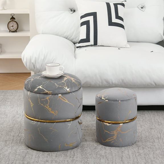 Velvet Grey Round Storage Ottoman Vanity Stool Modern Upholstered Footstool Black , Pack of 2
