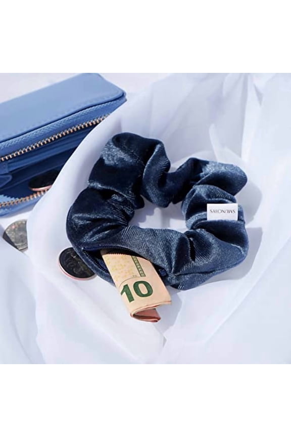 Velvet Hair Scrunchie with Hidden Zipper Pocket for Women, Cash, Keys, Chapstick, Dark Blue, 1 Count