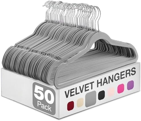 Velvet Hangers 50 Pack - Heavy Duty Gray Hangers for Coats, Pants & Dress Clothes - Non Slip Clothes Hanger Set - Space Saving Felt Hangers for Clothing