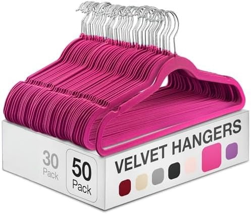 Velvet Hangers 50 Pack - Heavy Duty Pink Hangers for Coats, Pants & Dress Clothes - Non Slip Clothes Hanger Set - Space Saving Felt Hangers for Clothing