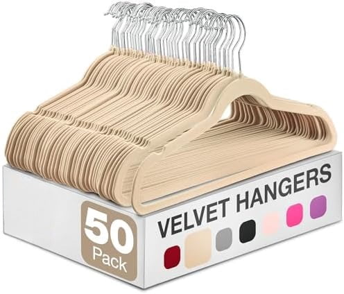 Velvet Hangers 50 Pack - Ivory for Coats, Pants & Dress Clothes - Non Slip w/ 360 Degree Swivel, Holds up to 10 lbs - Strong Felt Hangers for Clothing