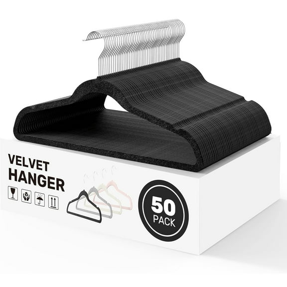 Velvet Hangers 50 Pack,Non-Slip Clothes Hangers,Coat Hangers with Shoulder Notches with 360° Swivel Hooks,Space Saving,Black