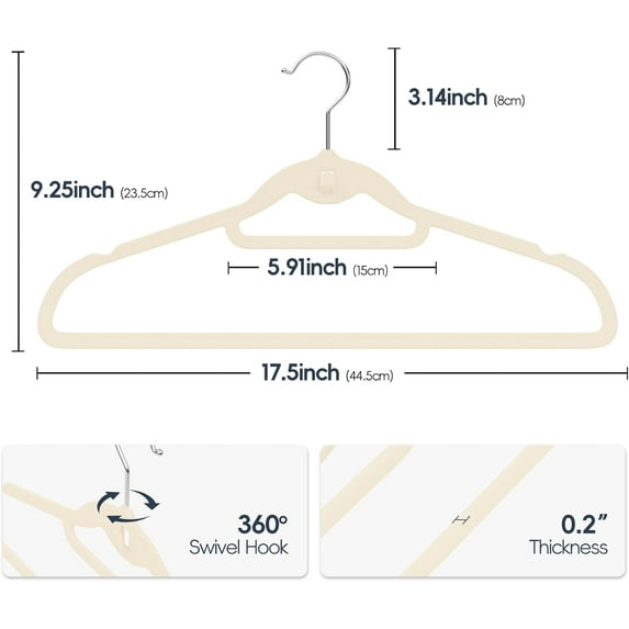 Velvet Hangers 50 Pack, Non Slip Stackable Clothes Hangers with Cascading Hooks, and Space Saving Felt Hangers with Tie , 360° Swivel Hooks, Heavy Duty for Suit Coat Shirt Pant - Ivory
