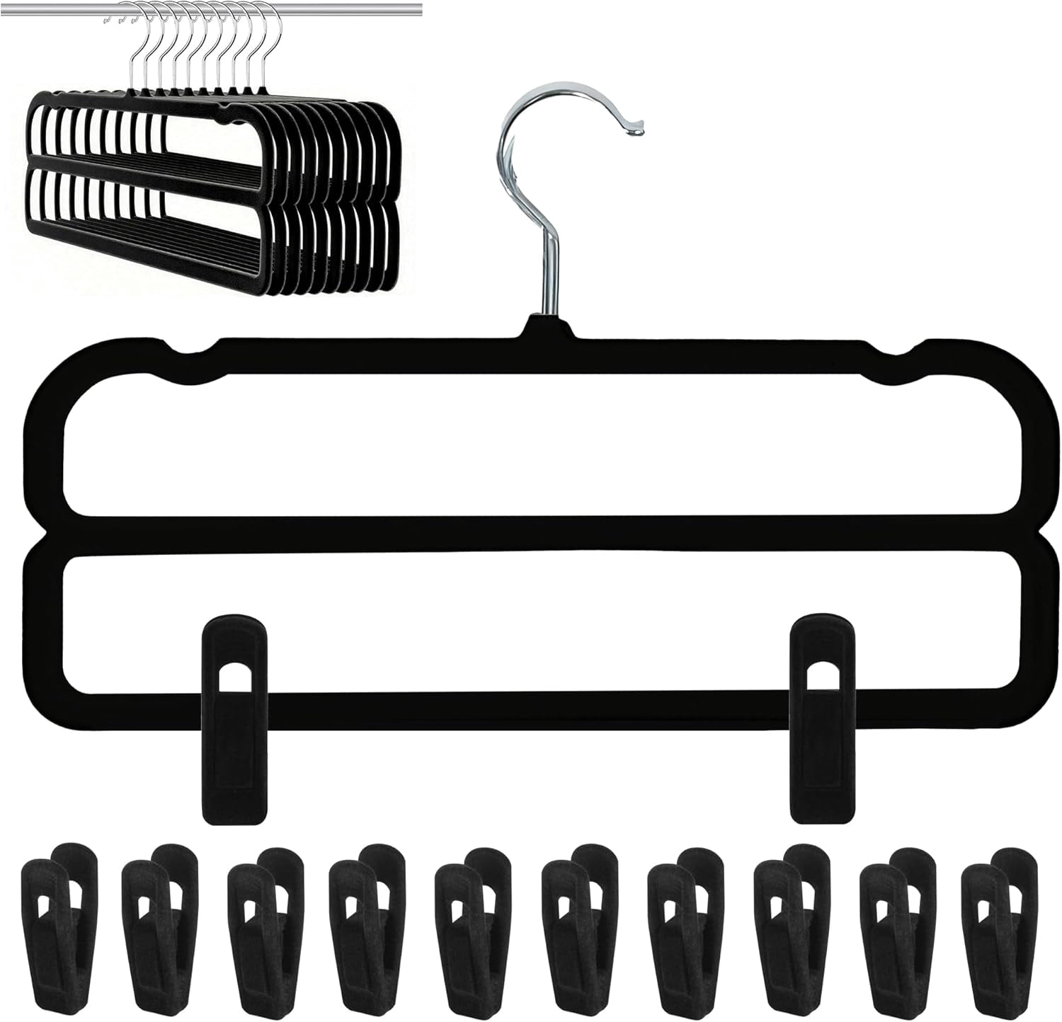Velvet Hangers Non Slip - 20 Pack Pants Hangers for Closet - Thin Space Saving Clothes Hanger - Strong, Durable, Jean Perchas with 360 Degree Rotatable Hook for Tank Top (Black Silver Hook)