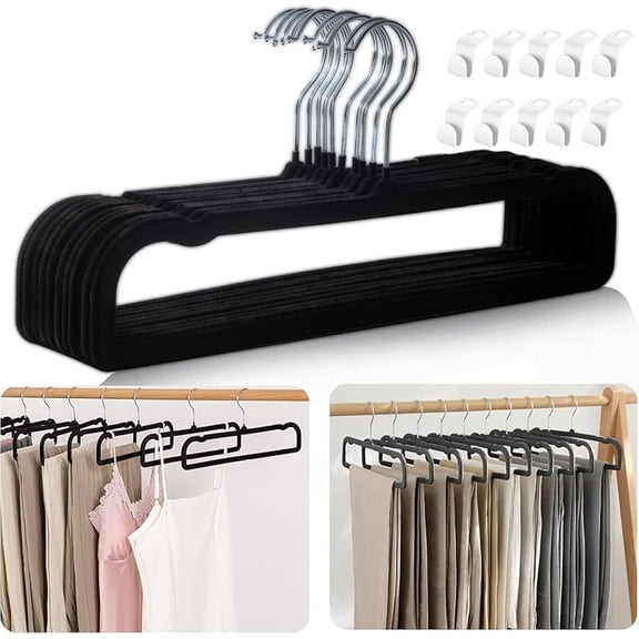 MY Velvet Hangers Non Slip - 20 Pack Pants Hangers for Closet - Thin Space Saving Clothes Hanger - Strong, Durable, Jean Perchas with 360 Degree Rotatable Hook for Tank Top (Black Silver Hook)