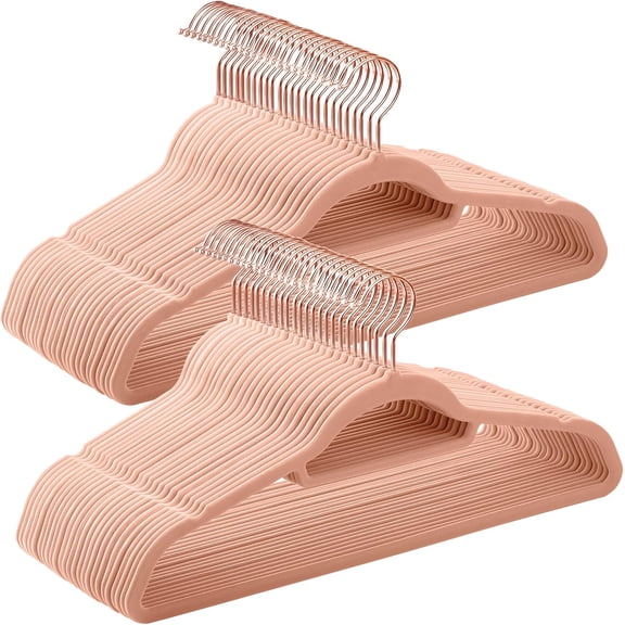 Velvet Hangers, Set of 50 Clothes Hanger with Rose Gold Swivel Hook, Non-Slip, and Space-Saving, 0.2-Inch Thick, 17.1-Inch Long for Coat, Shirt, Dress, Pants, Tie, Coral Pink