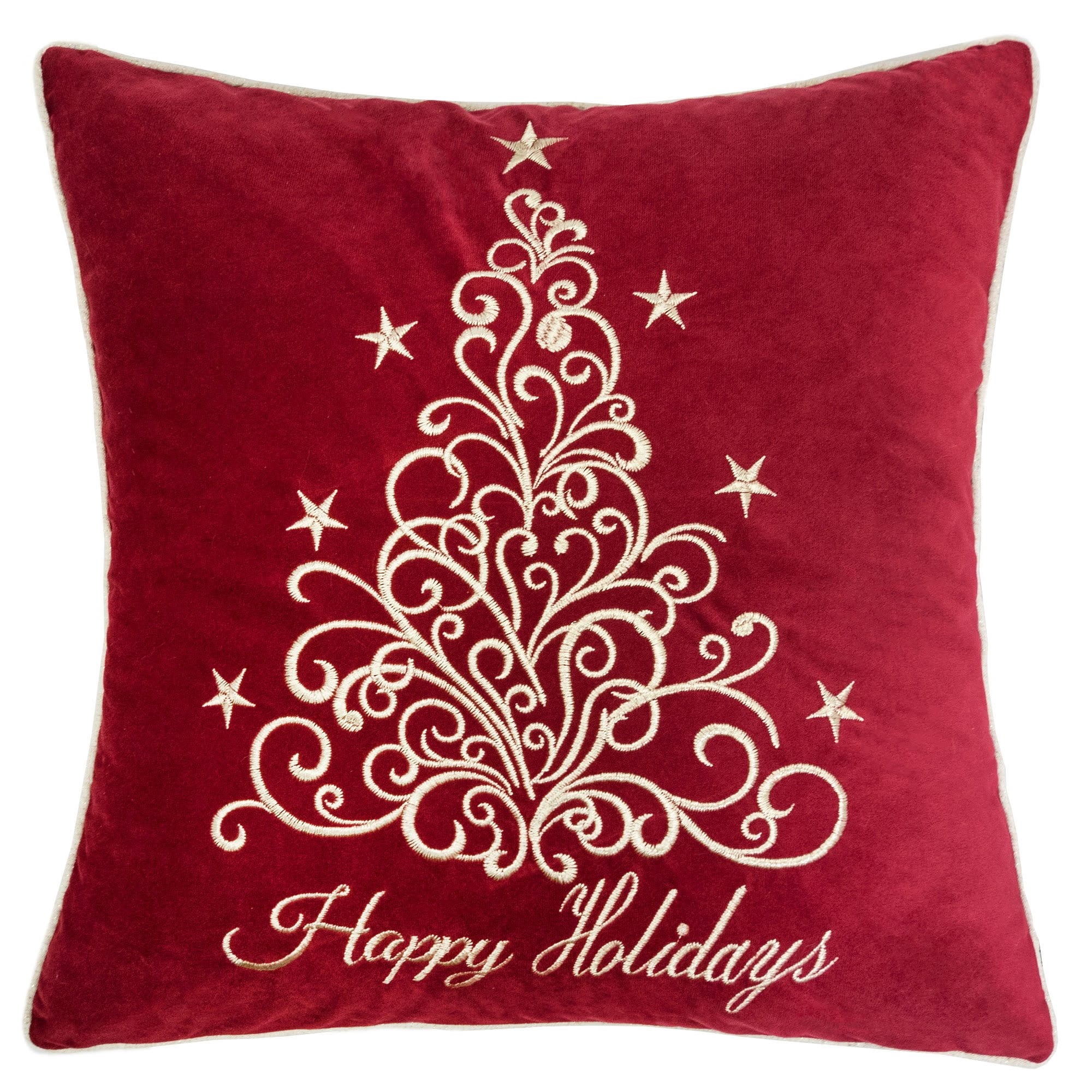 Velvet Happy Holidays Gold Embroidered Christmas Tree Pillow 20x20 Inch Holiday Decor