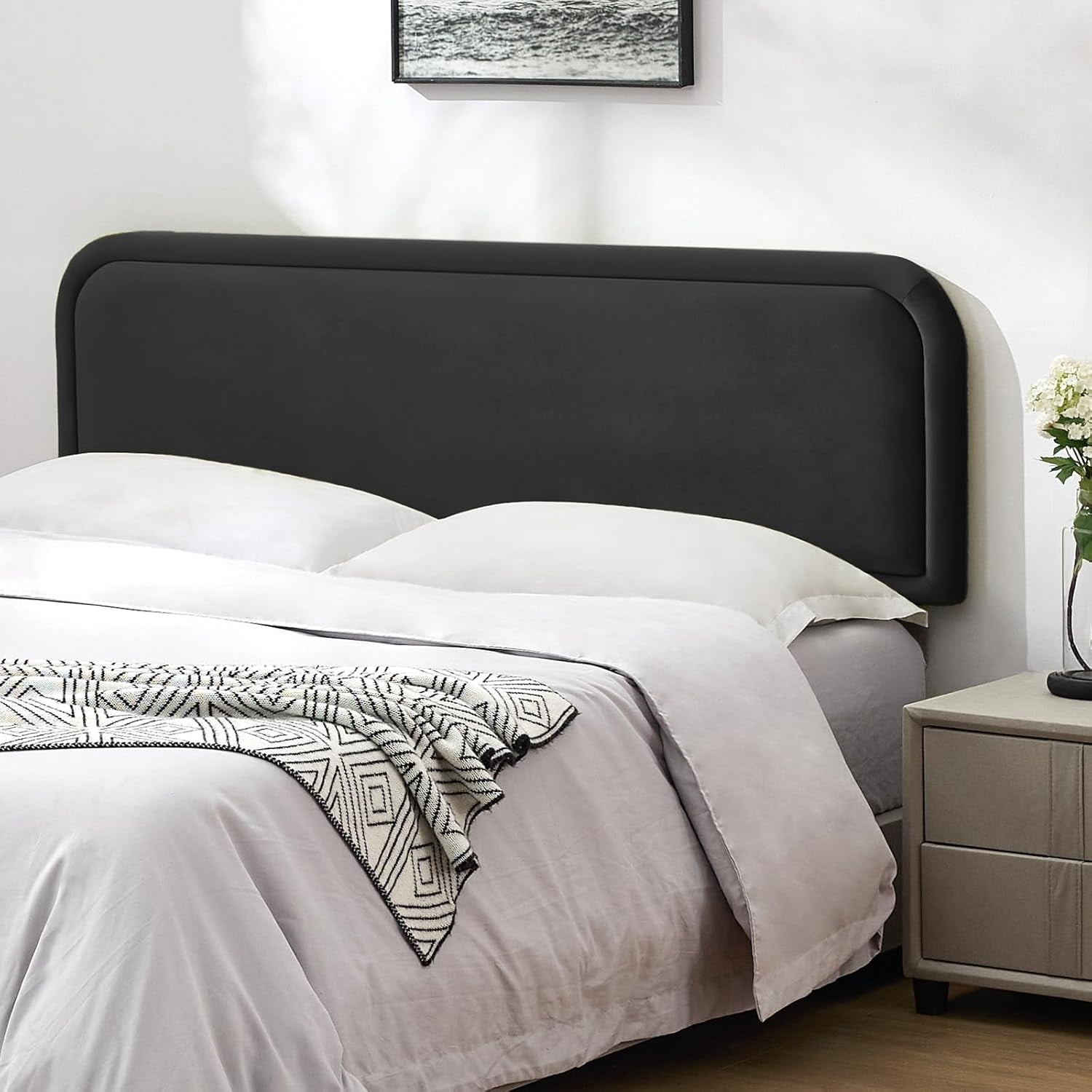 Velvet Headboard Queen, Upholstered Headboard Queen Size Only, Fabric Headboards with Durable Metal Legs from 41” to 49” Height, Sturdy and Durable Solid Wood Bed Head Board, Black