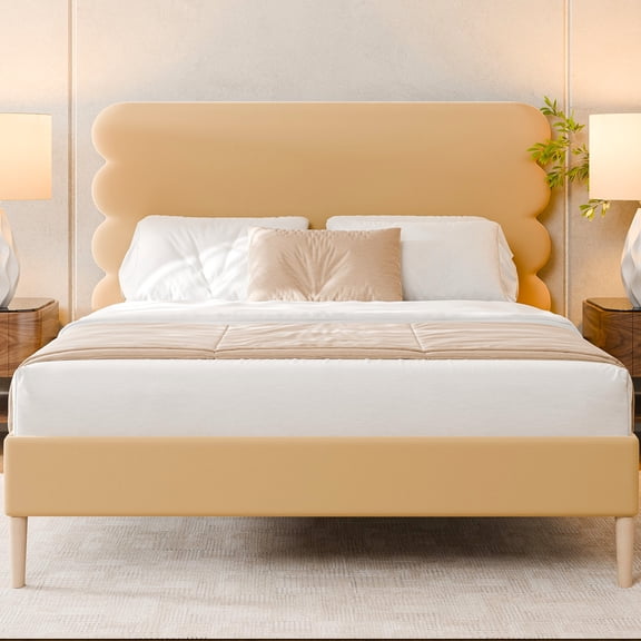 Velvet Henley Upholstered Scalloped Bed,Queen Size Bed Frame with Headboard,No Box Spring Needed,Brown