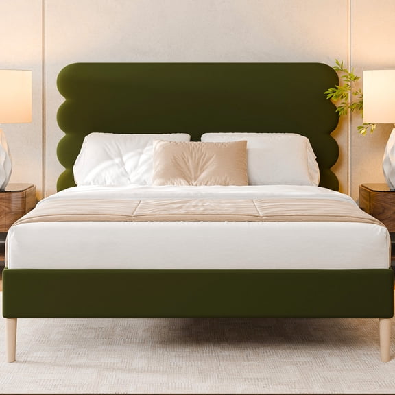 Velvet Henley Upholstered Scalloped Bed,Queen Size Bed Frame with Headboard,No Box Spring Needed,Green