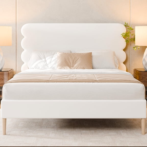 Velvet Henley Upholstered Scalloped Bed,Queen Size Bed Frame with Headboard,No Box Spring Needed,White