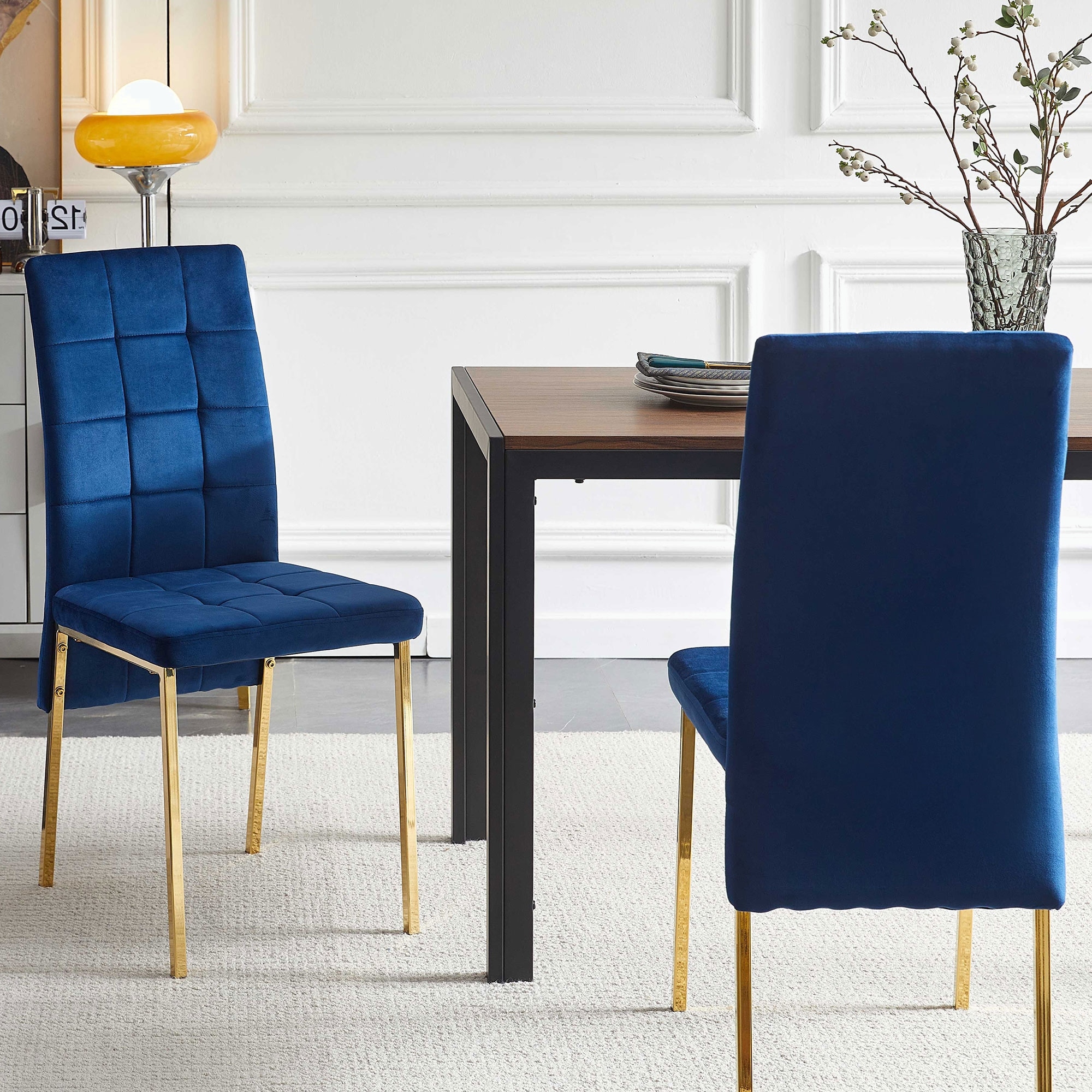 Velvet High Back Dining Chair with Golden Legs, Set Of 2 Dark Blue