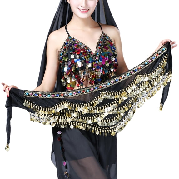 Velvet Hip scarf Sash Belly Dance class Colorful Jeweled Trim Coins Black