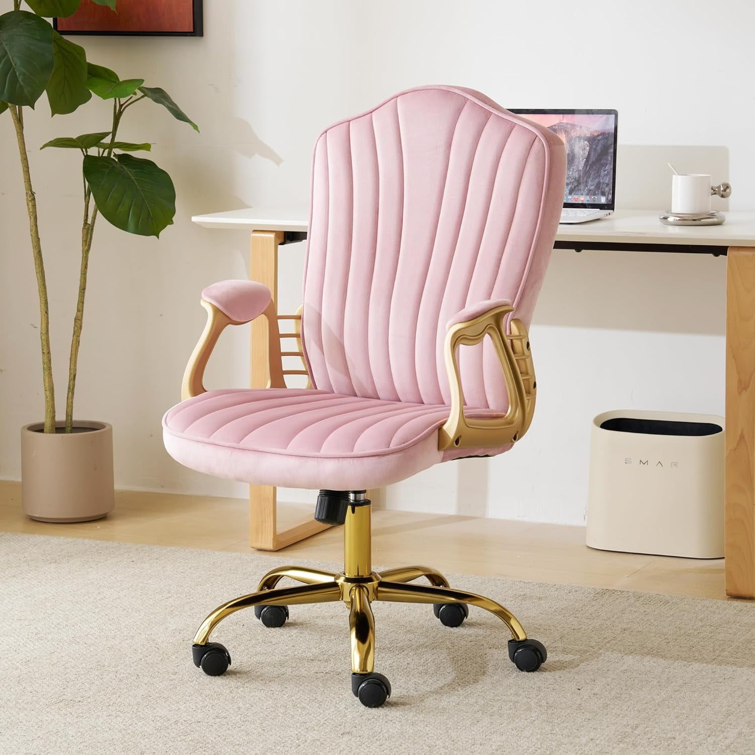 Velvet Home Office Chair with Gold Arms and Legs, Comfortable