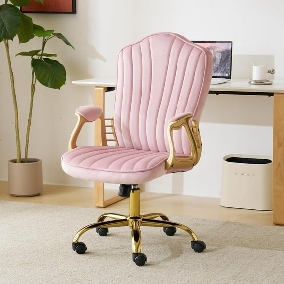 Velvet Home Office Chair with Gold Arms and Legs, Comfortable Upholstered Tufted Swivel Desk Chair with Wheels for Girls Women Study Bedroom Living Room, Pink