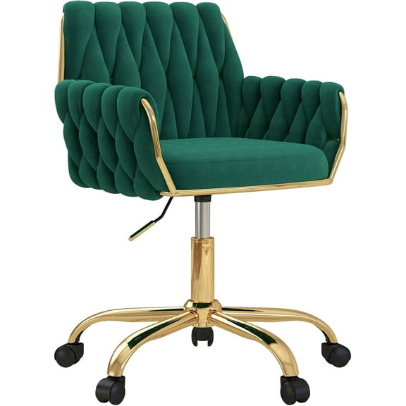 Velvet Home Office Chair, Modern Height Adjustable Cute Vanity Chair, 360° Swivel Makeup Chair Desk Chair with Golden Base and Hand Woven Backrest for Bedroom/Study/Vanity(Green)