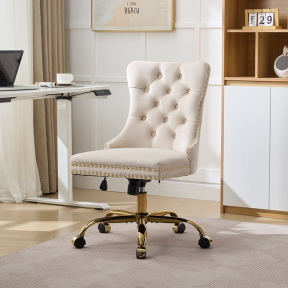 Velvet Home Office Chair with 360° Swivel Wheels Golden Legs Upholstered Tufted Hight Back,Adjustble Comfortable Computer Desk Chair,Beige-1