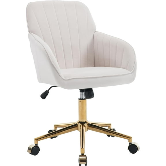 Velvet Home Office Chairs with Gold Base Upholstered Tufted Modern Height Adjustable 360 Degree Swivel Desk Chairs with Wheels, Vanity Chairs for Living Room, Bedroom,Study Room (Cream)
