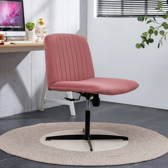Velvet Home Office Desk Chair, Adjustable Armless Swivel Vanity Chair with Black Legs, Comfy Computer Chair for Bedroom, Living Room, Study, Pink