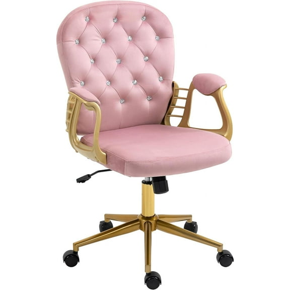 Velvet Home Office Desk Chair Comfy with Gold Legs and Arms, Comfortable Makeup Vanity Chair with Back and Wheels, Button Tufted Armchair Swivel Rolling Chair for Girls Women Bedroom,Pink