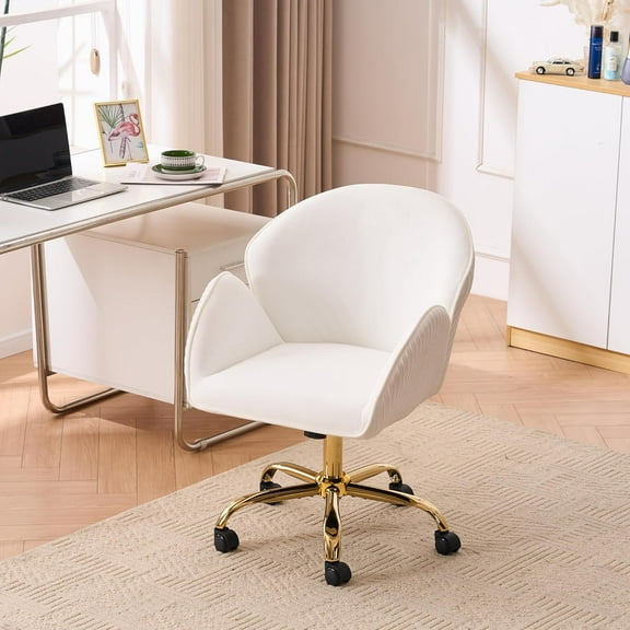 Velvet Home Office Desk Chair with Gold Wheels, Cute Vanity Chair, Modern Swivel Desk Chair with Back, Height Adjustable Upholstered Tufted Computer Task Chair, Ivory