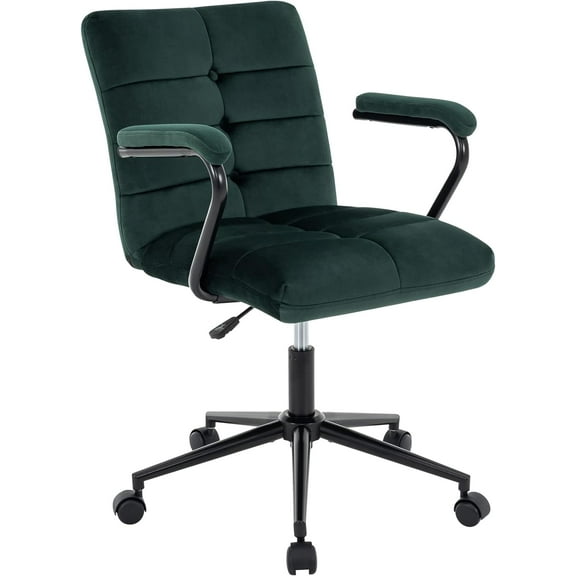 Velvet Home Office Desk Chair, Upholstered Adjustable Swivel Task Chair with Wheels, Tufted Mid-Back Computer Chair with Arms, for Study Living Room Vanity (Dark Green, Black Base)