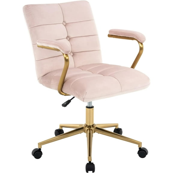 Velvet Home Office Desk Chair, Upholstered Adjustable Swivel Task Chair with Wheels, Tufted Mid-Back Computer Chair with Arms, for Study Living Room Vanity (Pink, Gold Base)