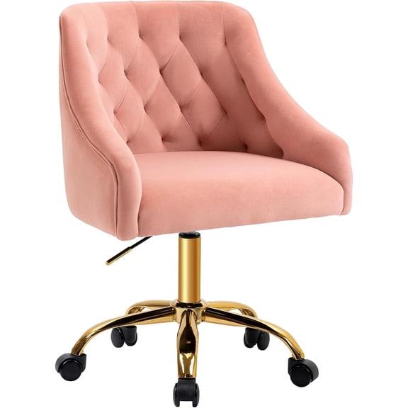 Velvet Home Office Desk Chair, Vanity Chair with Wheels Pretty Fancy Gold 360°Swivel Height Adjustable Office Chairs for Girls Home Offices, Bedrooms, Living Room (Pink)