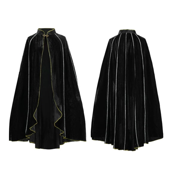 Velvet Hooded Cloak, Adult Stand Collar Cape with Gold Trim & Metal Clasp for Halloween & Cosplay, Medieval Wizard Robe, 1 PC Black