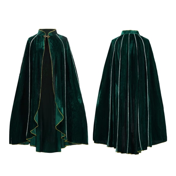 Velvet Hooded Cloak, Adult Stand Collar Cape with Gold Trim & Metal Clasp for Halloween & Cosplay, Medieval Wizard Robe, 1 PC Green