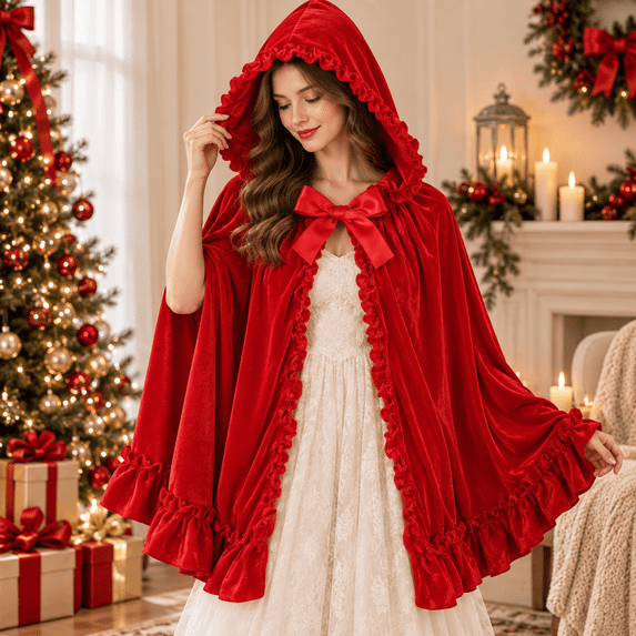 Velvet Hooded Cloak for Women, Classic Short Cape with Ribbon Tie, Fairytale Renaissance Christmas Halloween Cosplay Costume Accessory