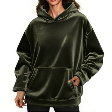 Velvet Hooded Sweatshirt for Women Loose Fit Soft Feel Trendy 2025 Fall Pullover Tops with Pockets Solid Comfy Hoodies