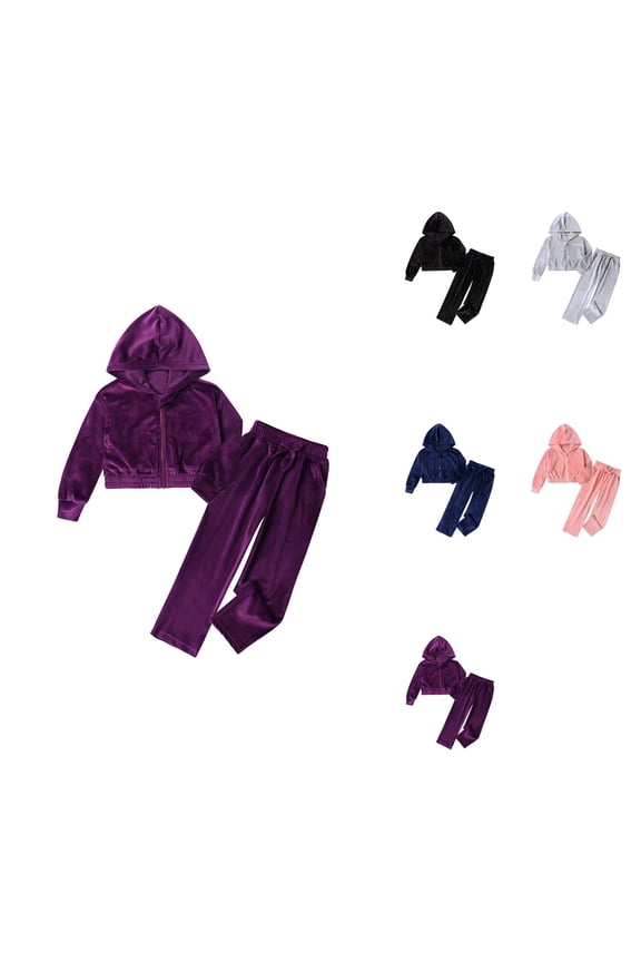 Velvet Hooded Tracksuit for Girls, 2PCS Warm Jacket and Sweatpants Set, Soft Velour Jogger Outfit for Daily Wear