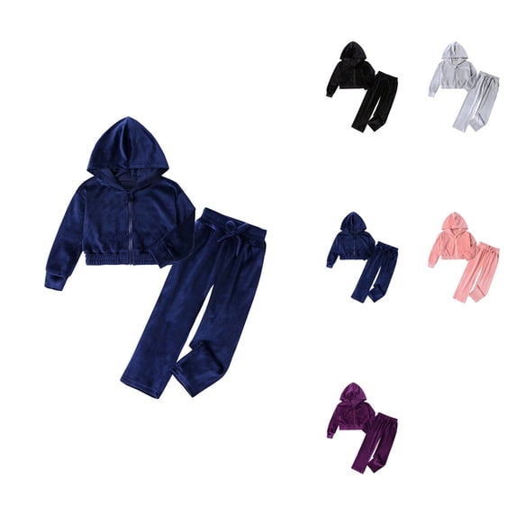 Velvet Hooded Tracksuit for Girls, 2PCS Warm Jacket and Sweatpants Set, Soft Velour Jogger Outfit for Daily Wear