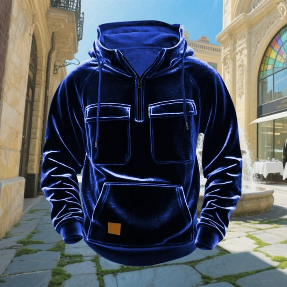 Velvet-Hoodies for Men with Pockets and Zipper Mock Neck Pullover Sweatshirts Mens Trendy Solid Color Long Sleeve Loose Athletic Workout Hoodie Tops