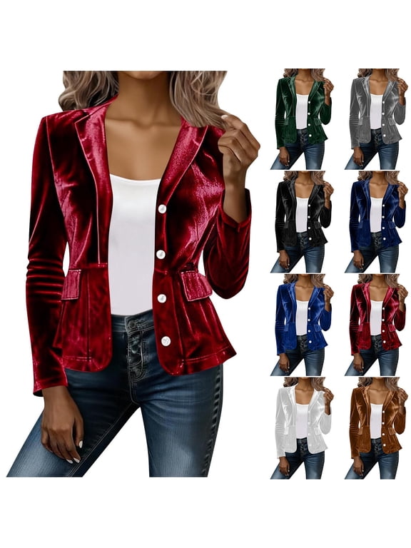 Velvet Jacket Blazers for Women V Neck Lapel Button Front Long Sleeve Cardigan Coat Office Work Outerwear