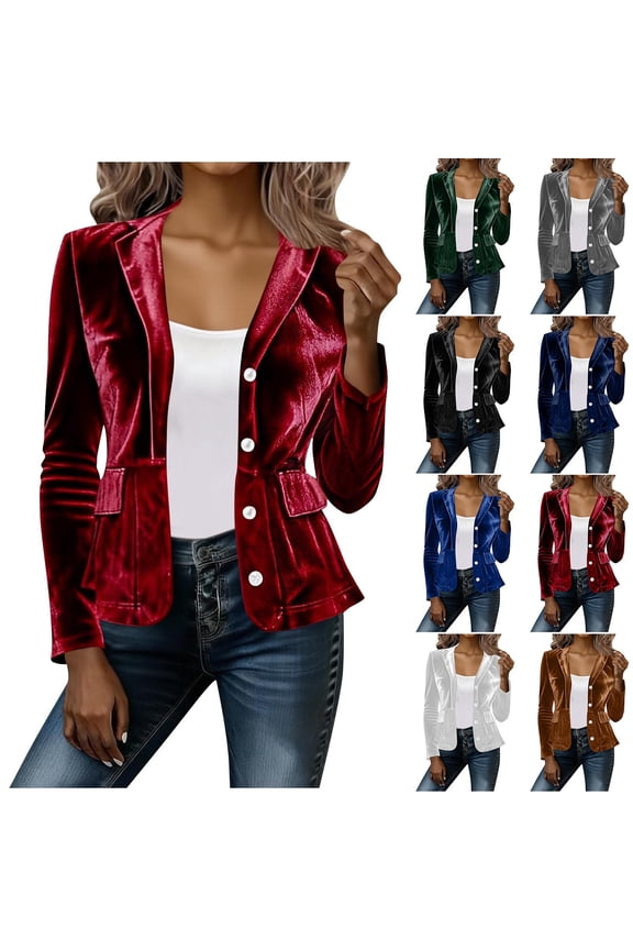 Velvet Jacket Blazers for Women V Neck Lapel Button Front Long Sleeve Cardigan Coat Office Work Outerwear