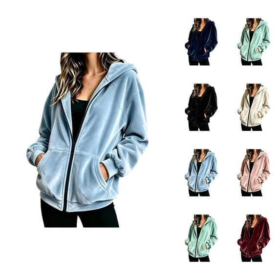 Velvet Jacket Women Fall Winter Long Raglan Sleeve Casual Zip Up Hoodie Sweatshirt with Pockets Coat Outerwear