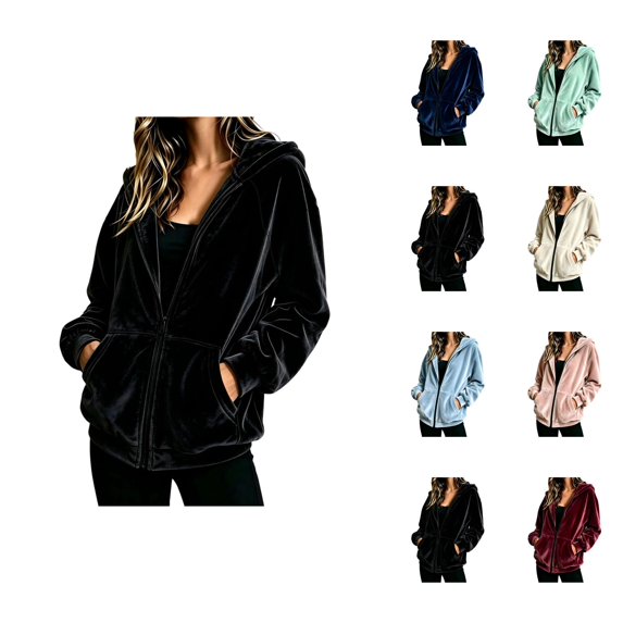 Velvet Jacket Women Fall Winter Long Raglan Sleeve Casual Zip Up Hoodie Sweatshirt with Pockets Coat Outerwear