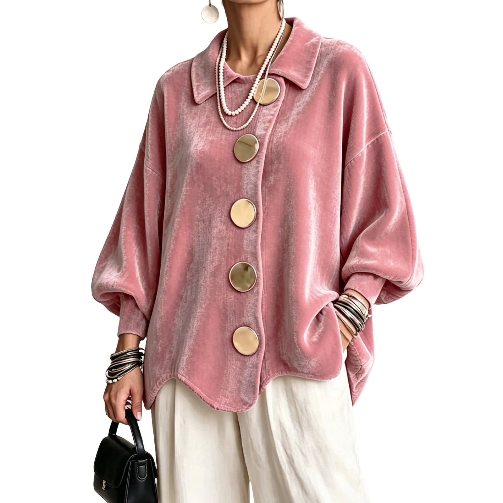 Velvet Collapse Velvet Jackets for Women Collared Big Button Lantern Sleeve Loose Fall ...