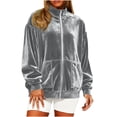 thumbnail image 1 of Velvet Jackets for Women Full Zip Mock Neck Long Sleeve Casual Sweatshirts No Hood Loose Fall Coats with Pockets (XL, Gray), 1 of 4