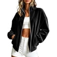 thumbnail image 1 of Velvet Jackets for Women,Long Sleeve Stand Collar Full Zipper Trendy Solid Color Jacket with Pockets for Fall Daily Casual Outdoor Wear Black L, 1 of 6