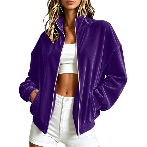 Velvet Jackets for Women,Long Sleeve Stand Collar Full Zipper Trendy Solid Color Jacket with Pockets for Fall Daily Casual Outdoor Wear Purple L